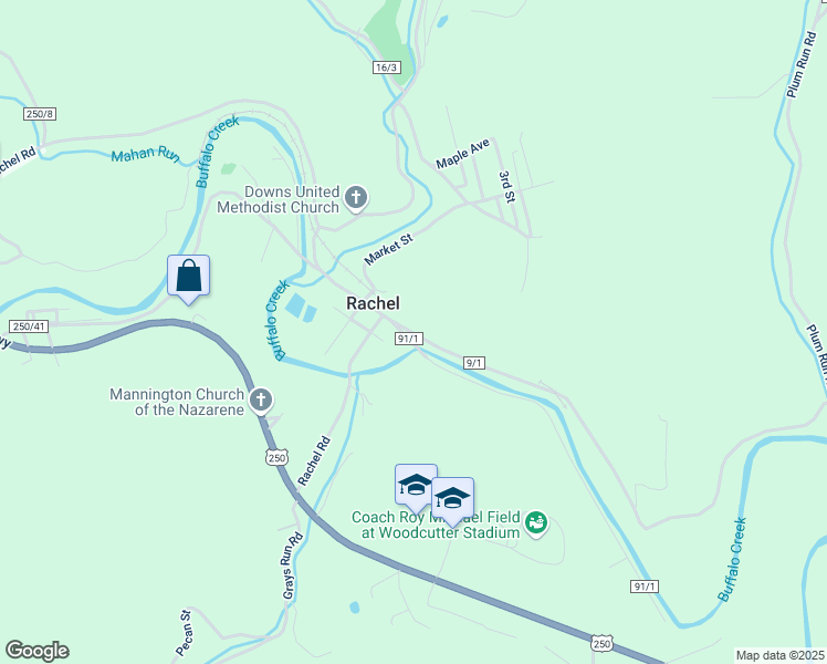 map of restaurants, bars, coffee shops, grocery stores, and more near 3101 Waitman Willey Road in Rachel