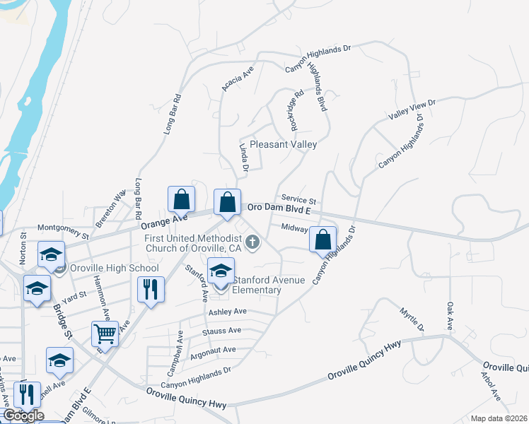 map of restaurants, bars, coffee shops, grocery stores, and more near 17 Highlands Boulevard in Oroville