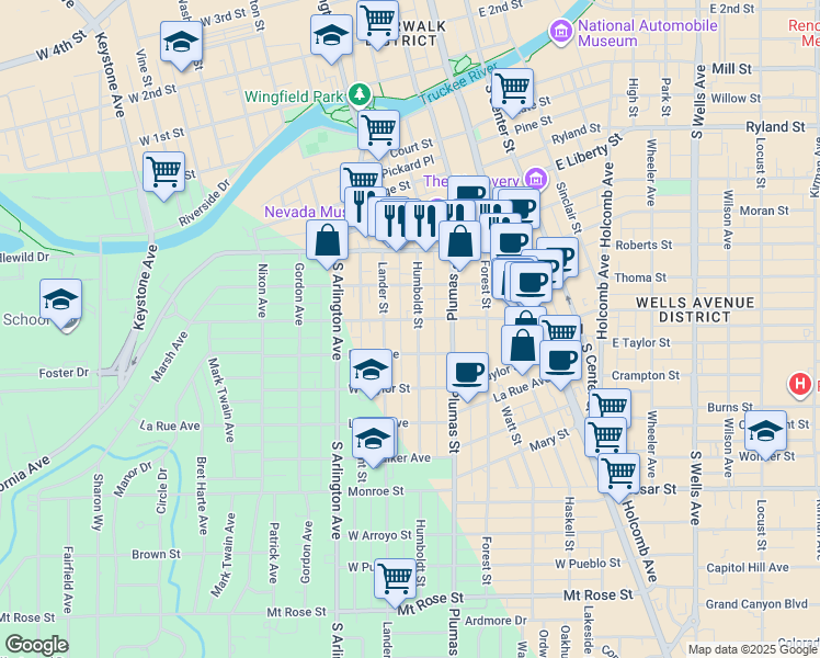 map of restaurants, bars, coffee shops, grocery stores, and more near 762 Humboldt Street in Reno