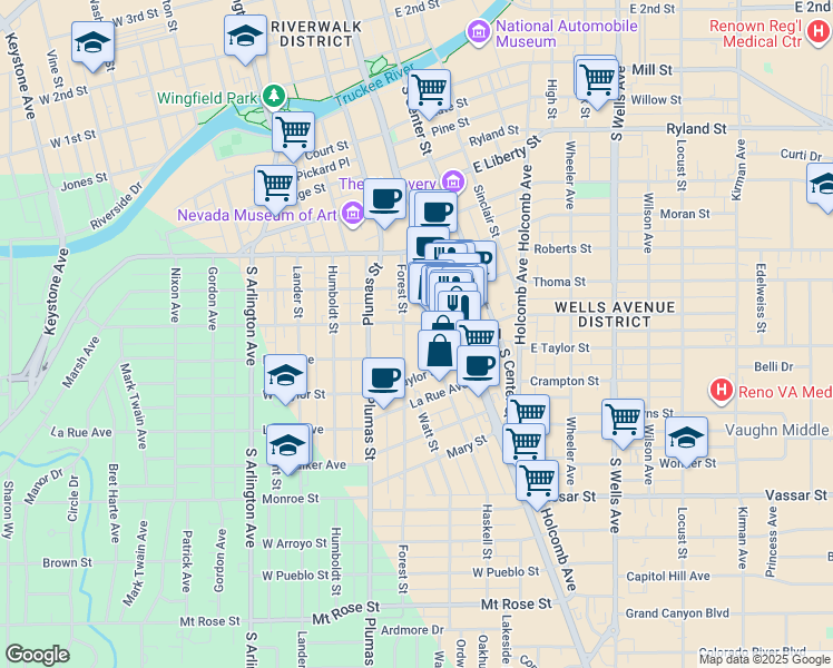 map of restaurants, bars, coffee shops, grocery stores, and more near 702 Forest Street in Reno