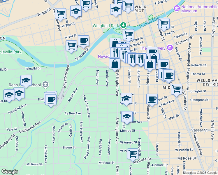 map of restaurants, bars, coffee shops, grocery stores, and more near 722 Gordon Avenue in Reno