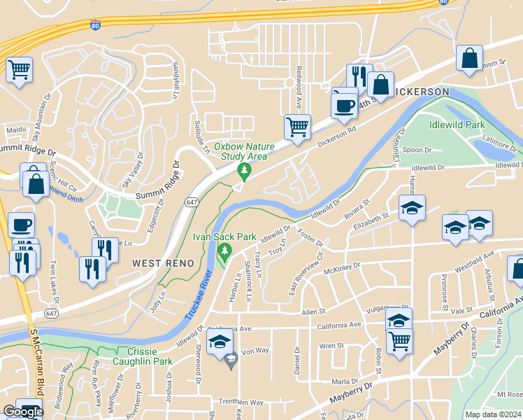map of restaurants, bars, coffee shops, grocery stores, and more near 2855 Idlewild Drive in Reno