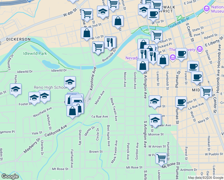 map of restaurants, bars, coffee shops, grocery stores, and more near 644 Saint Lawrence Avenue in Reno