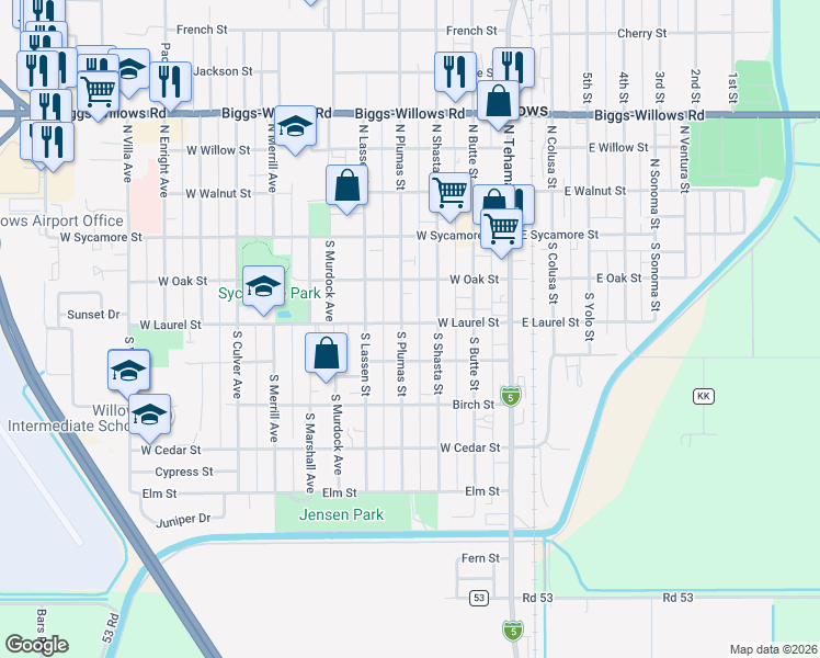 map of restaurants, bars, coffee shops, grocery stores, and more near 304 West Laurel Street in Willows