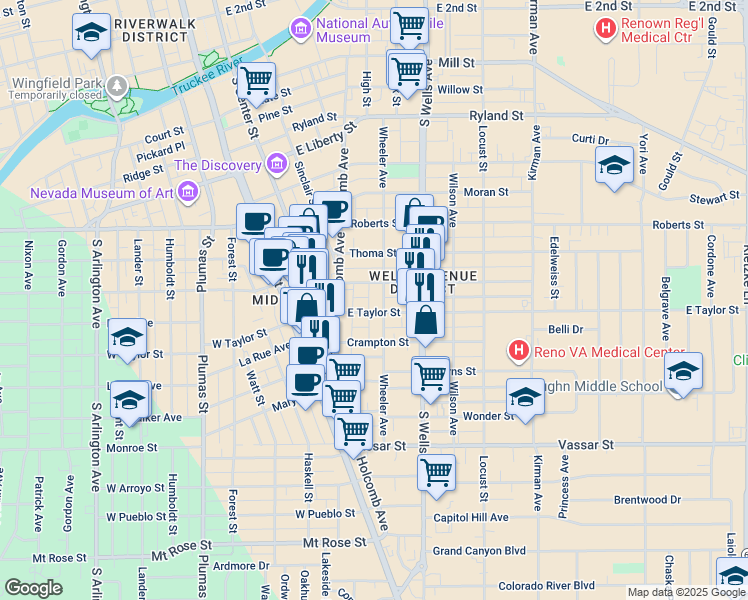 map of restaurants, bars, coffee shops, grocery stores, and more near 837 Wheeler Avenue in Reno