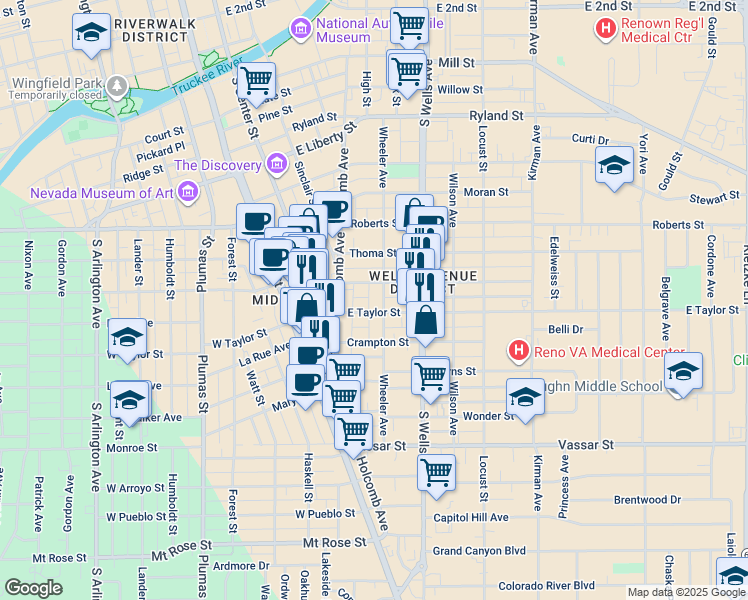 map of restaurants, bars, coffee shops, grocery stores, and more near 831 Wheeler Avenue in Reno