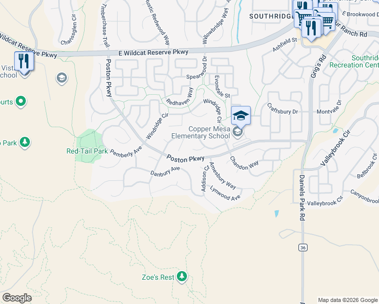 map of restaurants, bars, coffee shops, grocery stores, and more near 3060 Fox Sedge Place in Littleton