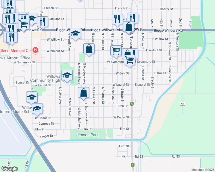 map of restaurants, bars, coffee shops, grocery stores, and more near 326 West Laurel Street in Willows
