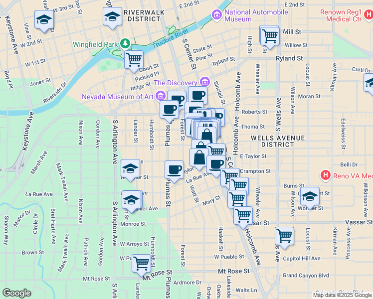map of restaurants, bars, coffee shops, grocery stores, and more near 716 Forest Street in Reno