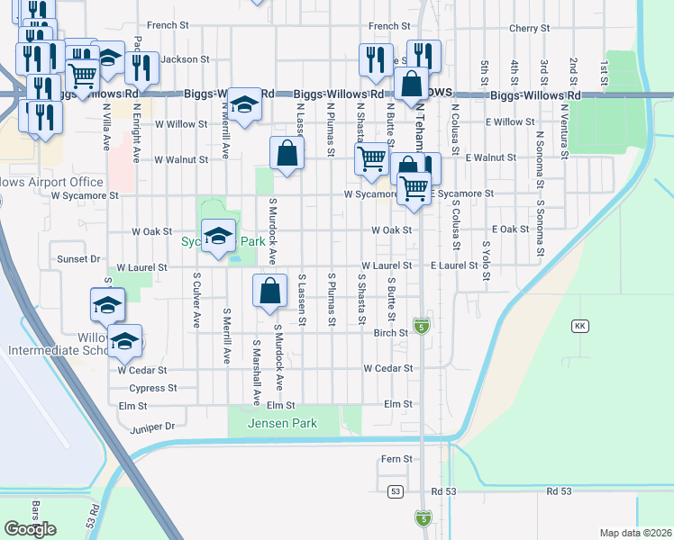 map of restaurants, bars, coffee shops, grocery stores, and more near 304 West Laurel Street in Willows
