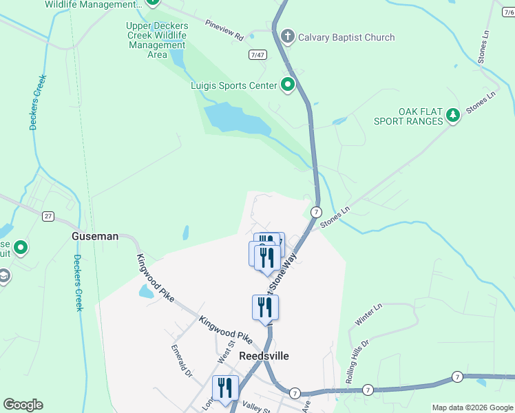 map of restaurants, bars, coffee shops, grocery stores, and more near 224 Hemlock Lane in Masontown