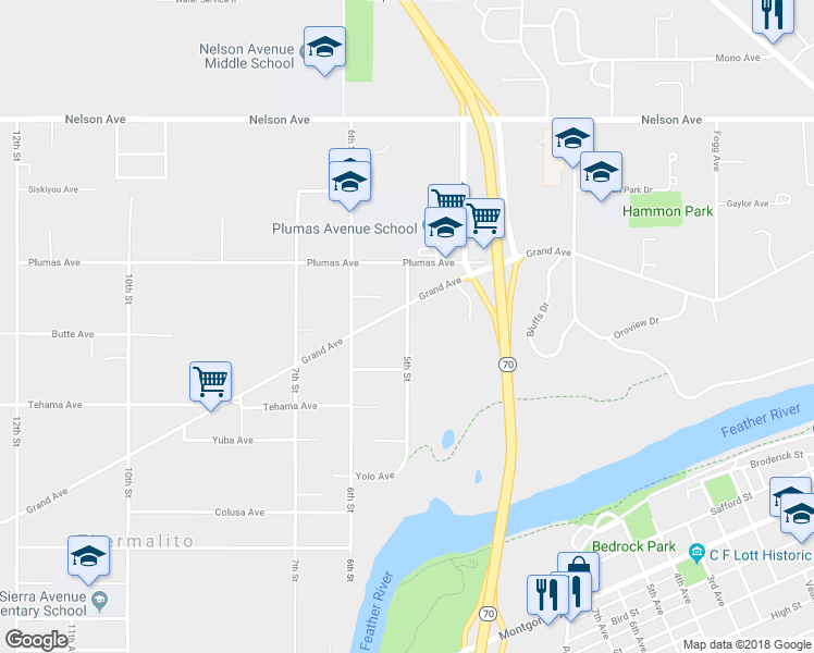 map of restaurants, bars, coffee shops, grocery stores, and more near 1907 5th Street in Oroville