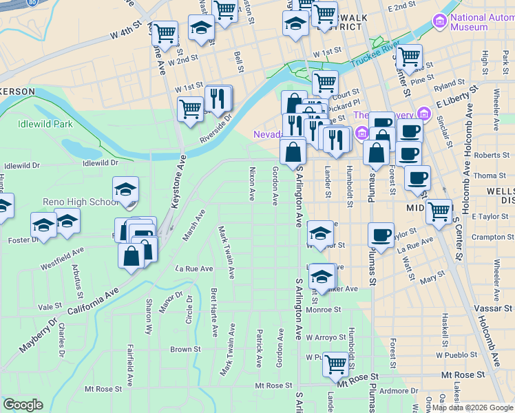 map of restaurants, bars, coffee shops, grocery stores, and more near 720 Nixon Avenue in Reno
