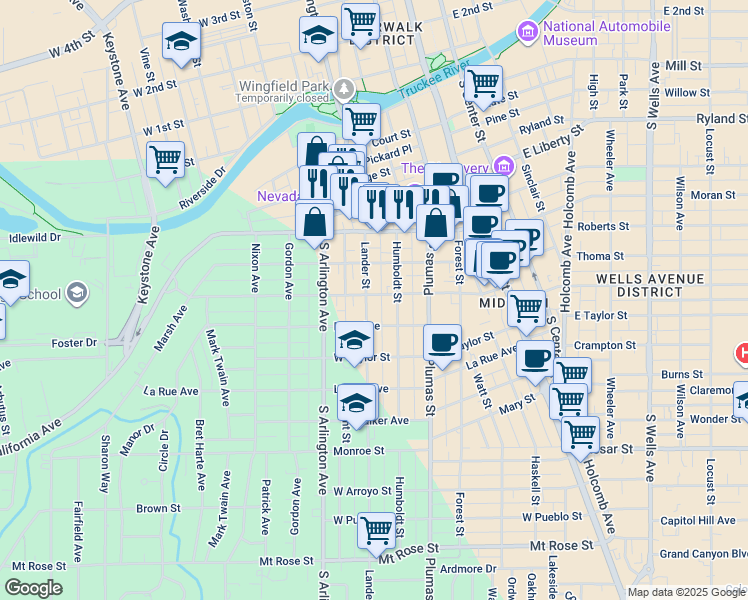 map of restaurants, bars, coffee shops, grocery stores, and more near 721 Lander Street in Reno