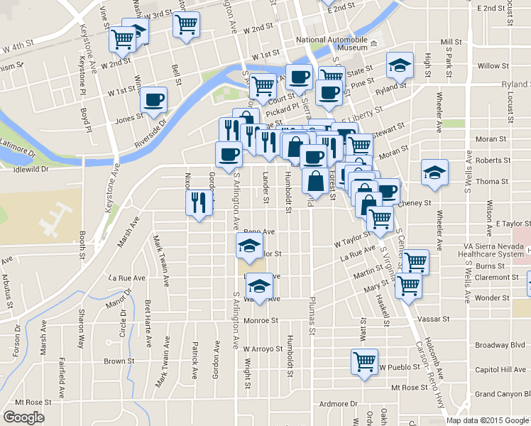 map of restaurants, bars, coffee shops, grocery stores, and more near 721 Lander Street in Reno