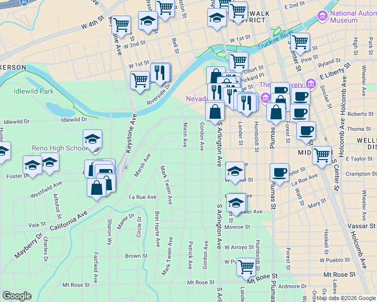 map of restaurants, bars, coffee shops, grocery stores, and more near 720 Nixon Avenue in Reno