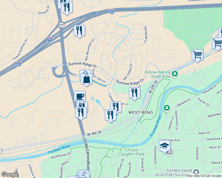 map of restaurants, bars, coffee shops, grocery stores, and more near 4686 Canyon Ridge Lane in Reno