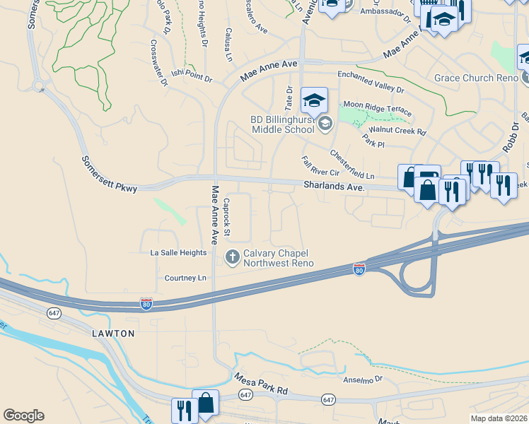 map of restaurants, bars, coffee shops, grocery stores, and more near 6850 Sharlands Avenue in Reno