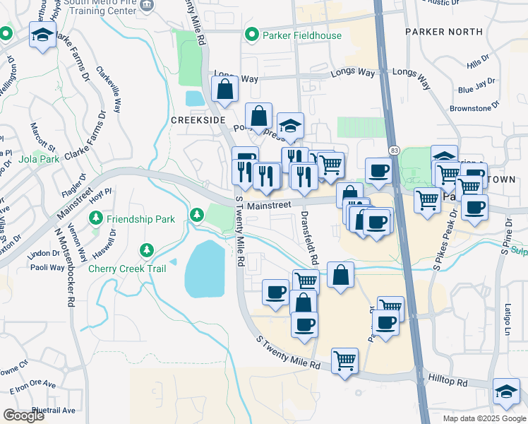map of restaurants, bars, coffee shops, grocery stores, and more near 18588 Mainstreet in Parker
