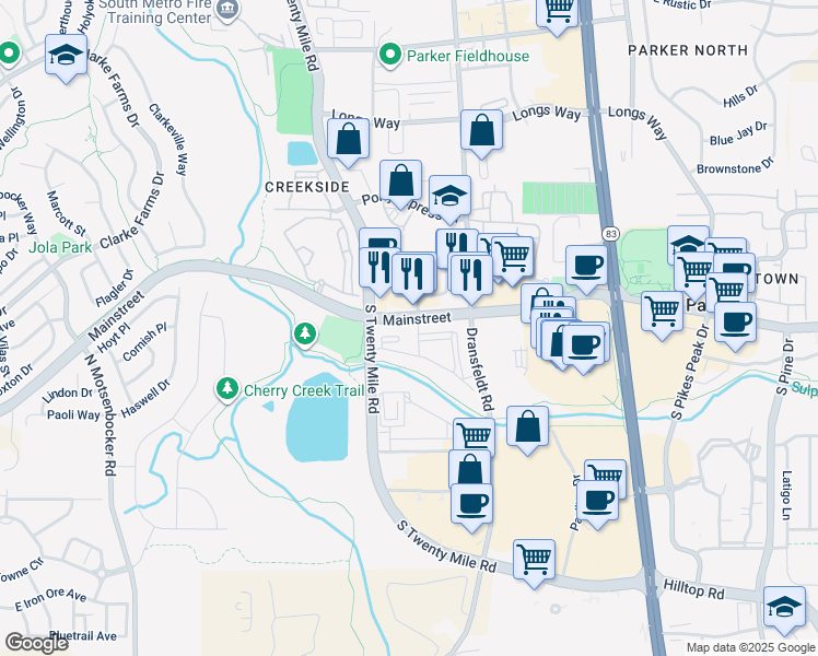 map of restaurants, bars, coffee shops, grocery stores, and more near 18588 Mainstreet in Parker