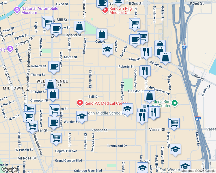 map of restaurants, bars, coffee shops, grocery stores, and more near 1093 East Taylor Street in Reno