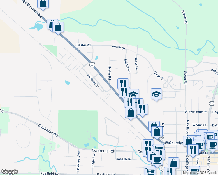 map of restaurants, bars, coffee shops, grocery stores, and more near 5201 College Corner Pike in Oxford
