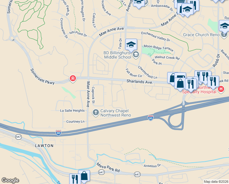 map of restaurants, bars, coffee shops, grocery stores, and more near 6850 Sharlands Avenue in Reno