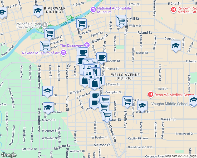 map of restaurants, bars, coffee shops, grocery stores, and more near 827 South Center Street in Reno