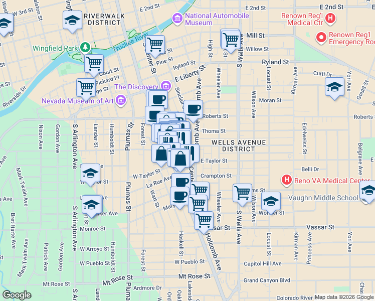 map of restaurants, bars, coffee shops, grocery stores, and more near 827 South Center Street in Reno