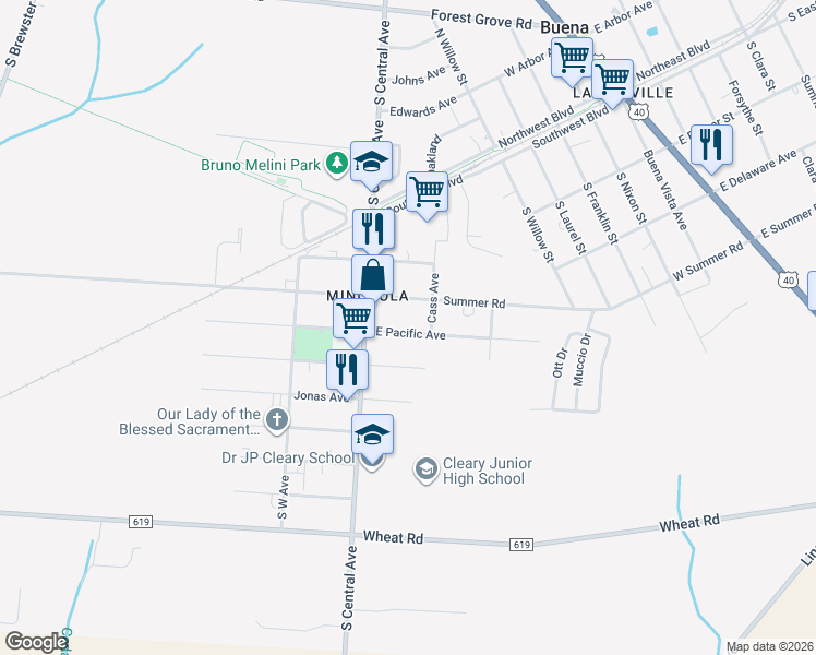 map of restaurants, bars, coffee shops, grocery stores, and more near 107 East Pacific Avenue in Buena