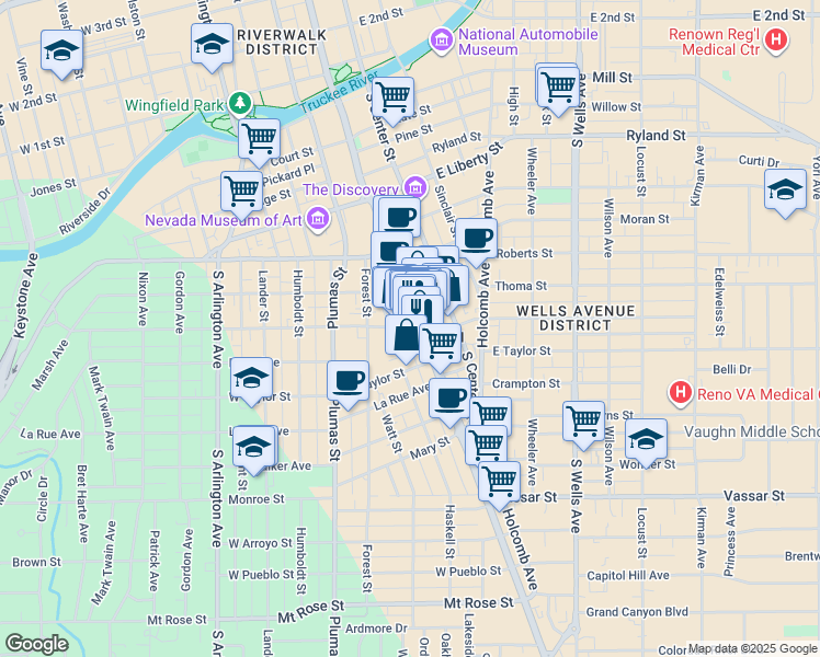 map of restaurants, bars, coffee shops, grocery stores, and more near in Reno