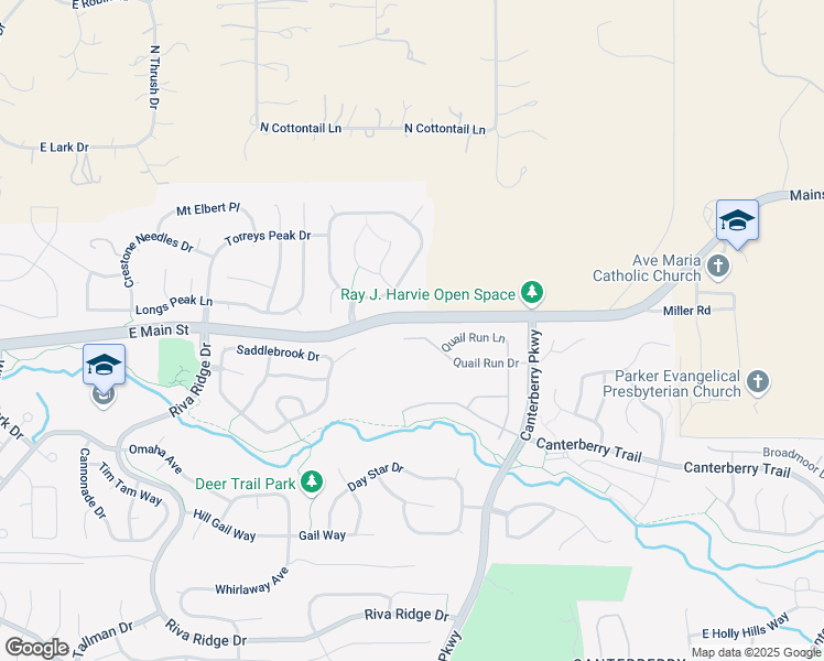 map of restaurants, bars, coffee shops, grocery stores, and more near 22367 Quail Run Drive in Parker