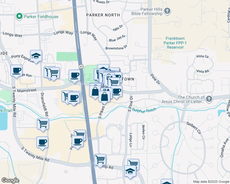 map of restaurants, bars, coffee shops, grocery stores, and more near 19755 Pikes Peak Avenue in Parker