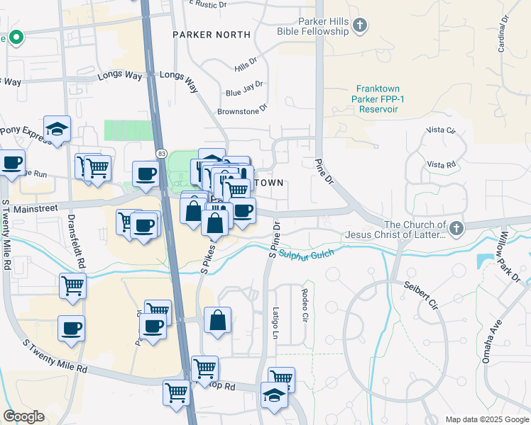 map of restaurants, bars, coffee shops, grocery stores, and more near in Parker