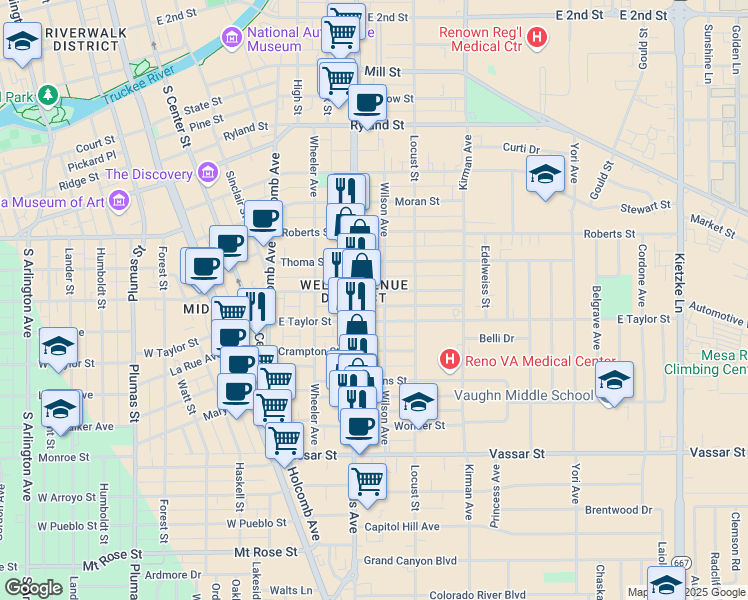 map of restaurants, bars, coffee shops, grocery stores, and more near 499 East Taylor Street in Reno