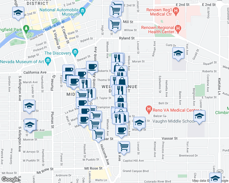 map of restaurants, bars, coffee shops, grocery stores, and more near 351 East Taylor Street in Reno