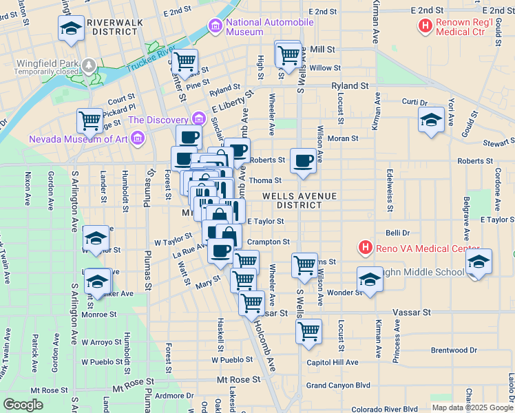map of restaurants, bars, coffee shops, grocery stores, and more near 824 Holcomb Avenue in Reno