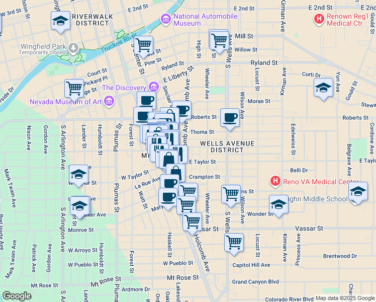 map of restaurants, bars, coffee shops, grocery stores, and more near 824 Holcomb Avenue in Reno
