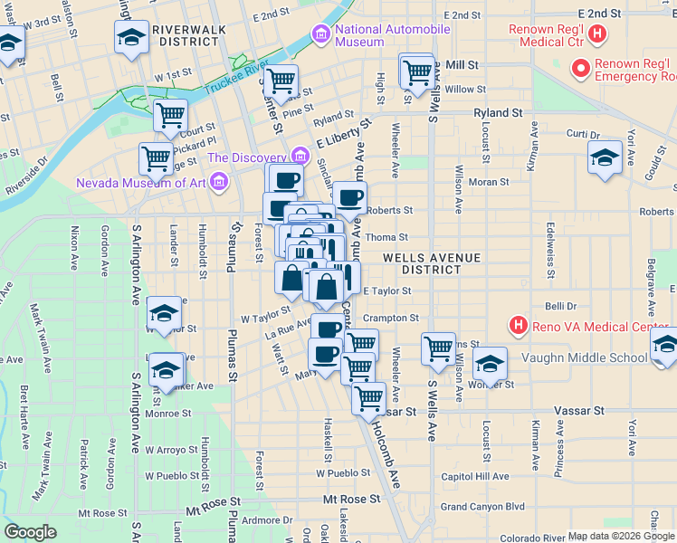 map of restaurants, bars, coffee shops, grocery stores, and more near 827 South Center Street in Reno