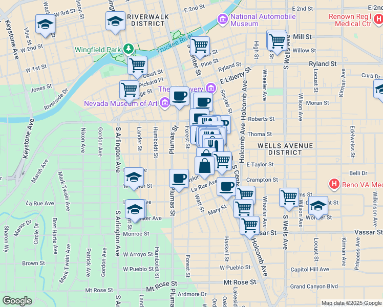 map of restaurants, bars, coffee shops, grocery stores, and more near 76 Saint Lawrence Avenue in Reno