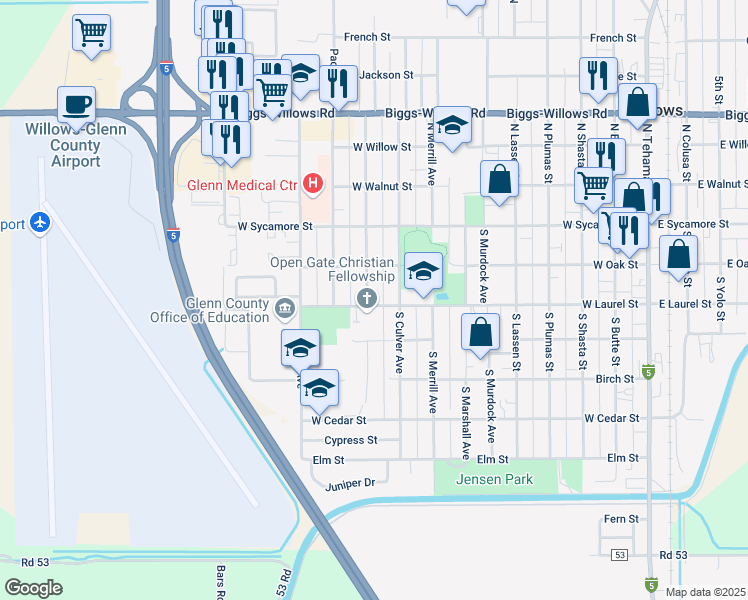 map of restaurants, bars, coffee shops, grocery stores, and more near 260 South Crawford Avenue in Willows