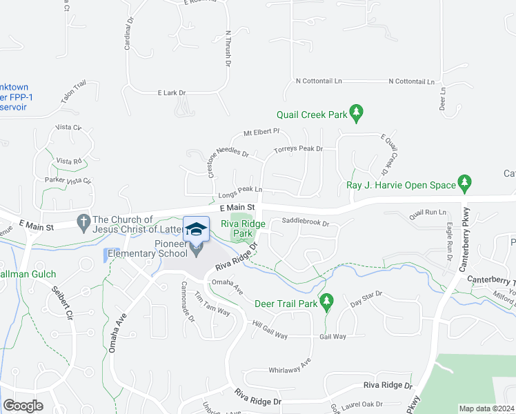 map of restaurants, bars, coffee shops, grocery stores, and more near Main Street in Parker