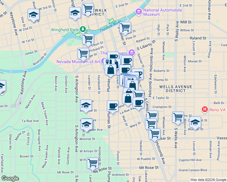 map of restaurants, bars, coffee shops, grocery stores, and more near 118 Saint Lawrence Avenue in Reno