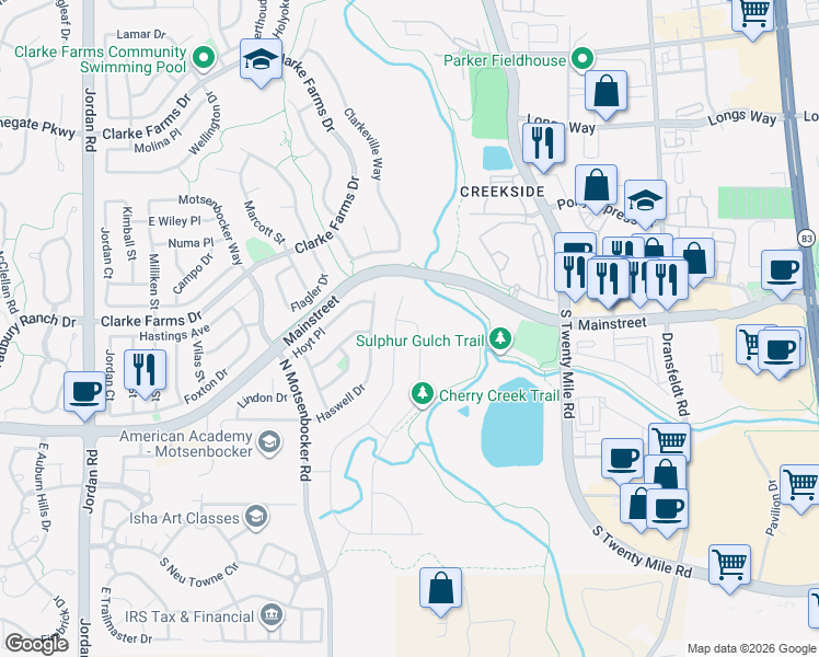 map of restaurants, bars, coffee shops, grocery stores, and more near 10924 Endeavor Drive in Parker