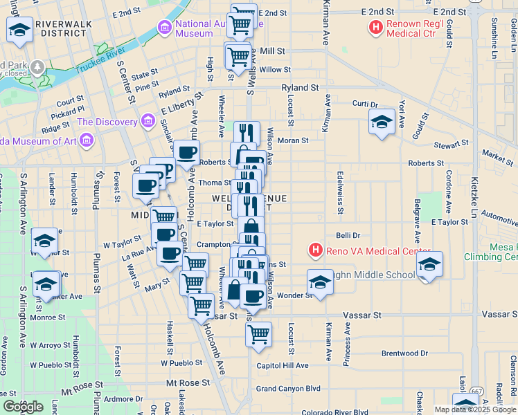 map of restaurants, bars, coffee shops, grocery stores, and more near 499 East Taylor Street in Reno