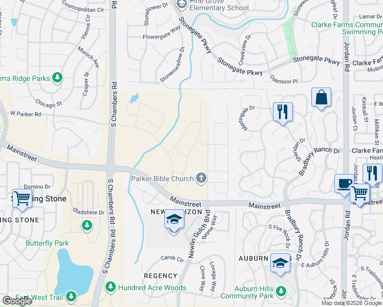 map of restaurants, bars, coffee shops, grocery stores, and more near 10912 Snowdon Street in Parker