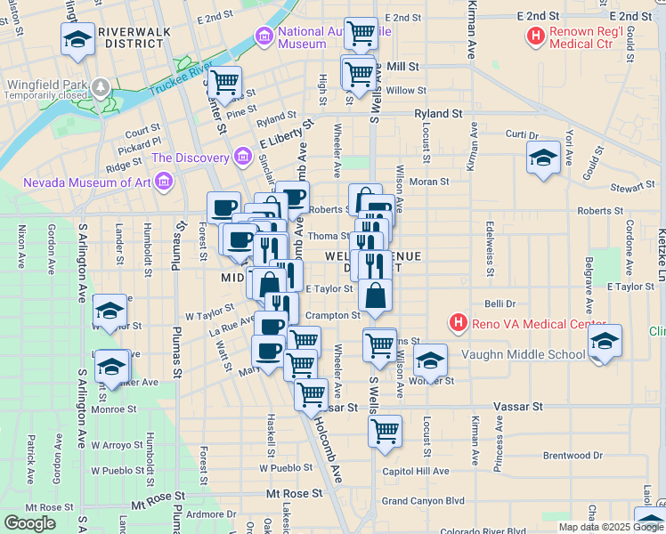 map of restaurants, bars, coffee shops, grocery stores, and more near 837 Wheeler Avenue in Reno