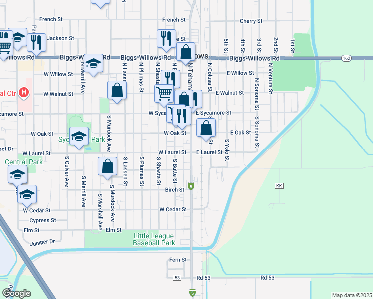 map of restaurants, bars, coffee shops, grocery stores, and more near 120 West Laurel Street in Willows