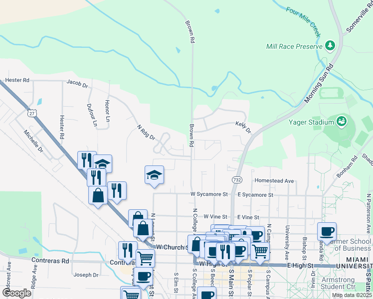 map of restaurants, bars, coffee shops, grocery stores, and more near 3 Applewood Circle in Oxford