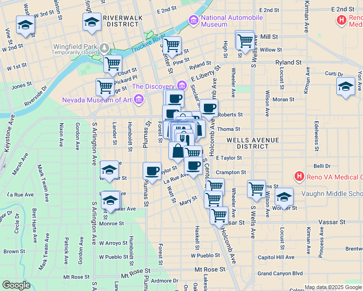 map of restaurants, bars, coffee shops, grocery stores, and more near in Reno